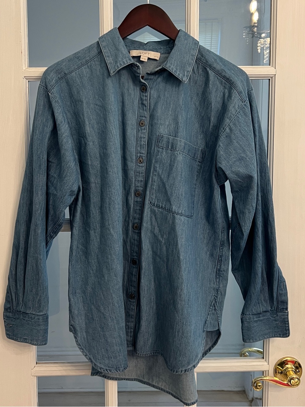 LOFT Women’s Petite Chambray Denim Button Down Shirt Tunic 100% Cotton MP